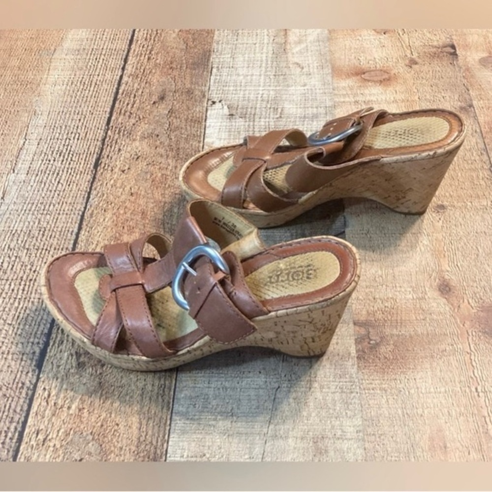 Born‎ Brown Leather Cork Wedge Sandals Strappy Buckle Slide W62326 Womens 7 - Picture 4 of 8